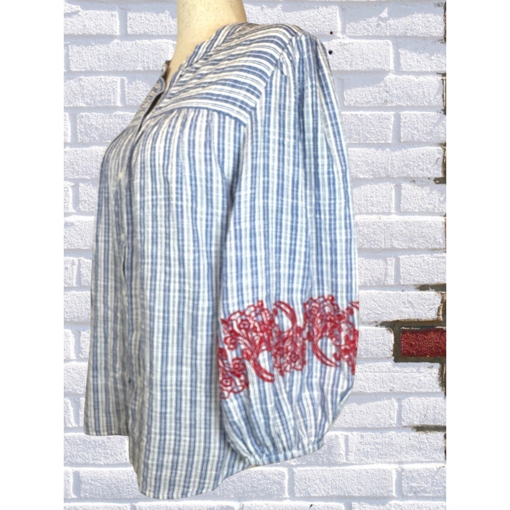 NWT Tommy Hilfiger Womens M 2024 Embroidered Striped Boho Cottagecore Button Top